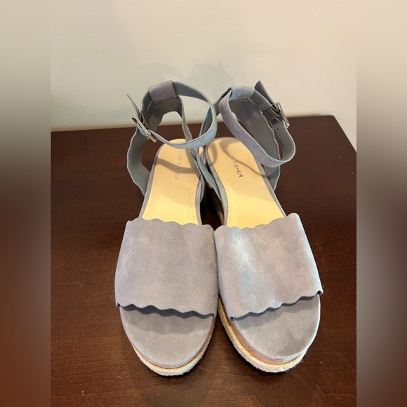 Marc Fisher Leather Sandals Dusty Blue Scallop Platform Espadrille Size 11 - Picture 1 of 5